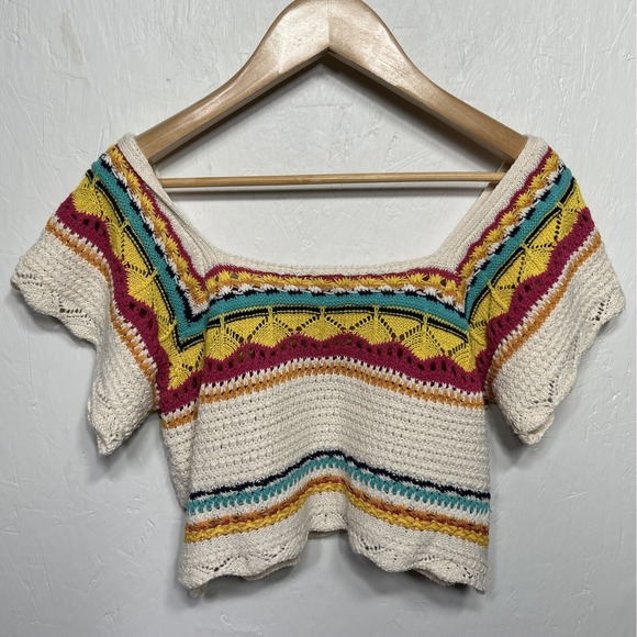 POL Striped Crochet Cropped Top Cream Yellow Pink Turquoise Women's Size Large‎ - Picture 6 of 8